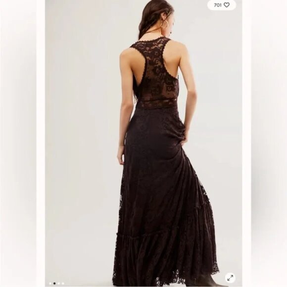 Free People One More Night Pieced Lace Ethereal flounce hem Maxi Dress in Onyx 6 - Picture 7 of 12